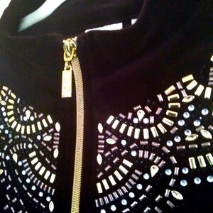 Chicos Chocolate Brown Velour Fall Zip Up Jacket  Gold and Silver Embellishments